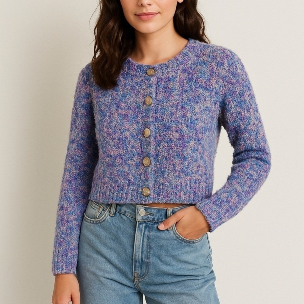 Purple Glitter Cardigan Sweater MEDIUM Knit Pastel Feminine Girly Fall Fashion‎